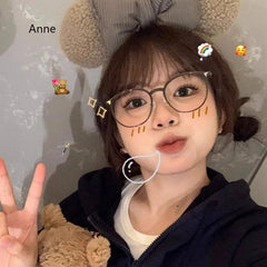INGVN  Korea Round Tea Glasses Frame Women No Makeup Fashion Anti-blue Glasses Men Contrasting Cute Decorative Glasses Eyeglasses