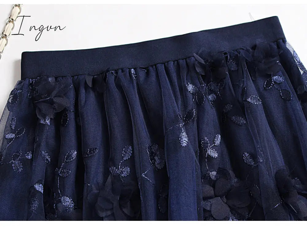 Ingvn - Luxury Woman Skirts Korean style Fashion Elastic Waist Appliques Embroidery Floral Mesh Skirt Long Gauze Ball Gown Skirt