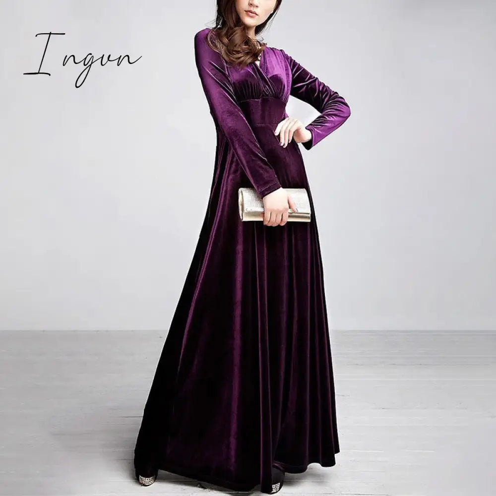 Ingvn - Gold Velvet Maxi Dress V-neck Maxi Dress