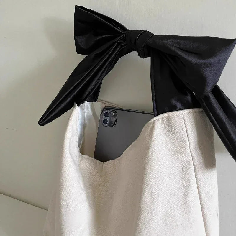 INGVN  Korean Sweet Y2k Fashion Shoulder Underarm Bag Casual Canvas Simple Clutches Trendy Chic All Match Bow Design Purse and Handbags