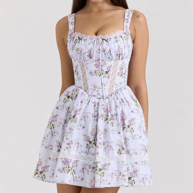 Floral Print Tank Mini Dress Women Lace Spliced O Neck Sleeveless A-line Holiday Casual Summer Dresses Party Robe