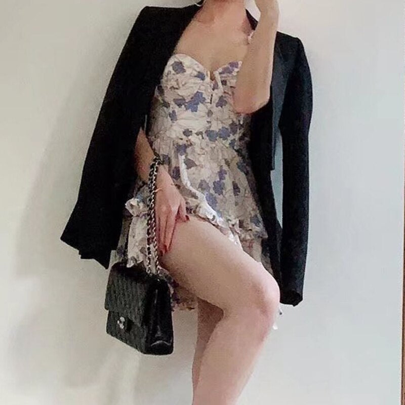 Voguable  Summer Sexy Sling Dress Women Floral Print Layer Ruffle Cake Mini Dress Sweet Ladies Holiday Party Short Robe Chic Vestido