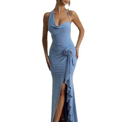 High Slits Irregular Collar Elegant Dress Women 3d Flowers Ruffles Lace-Up Halter Backless Temperament Banquet Vestidos