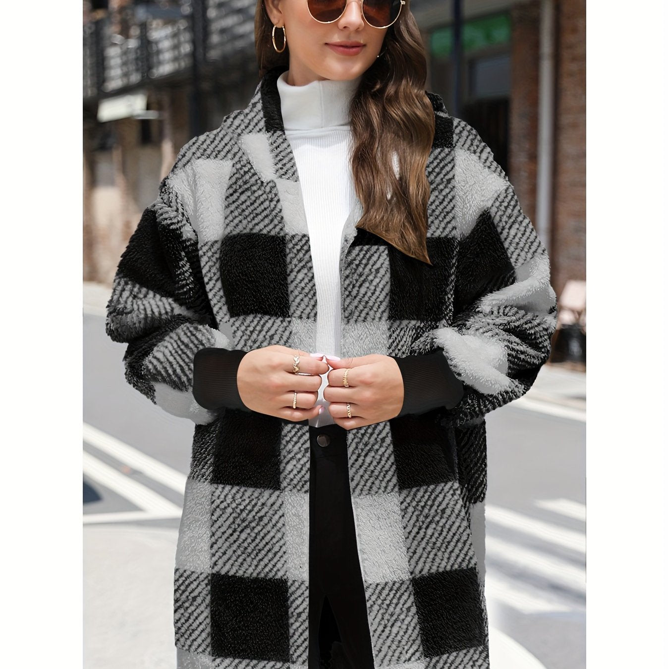 Stylish Long Sleeve Hooded Plush Lined Cardigan - Fleece Jackets with Color Block Plaid Print, Soft and Warm Women's Clothing for Winter