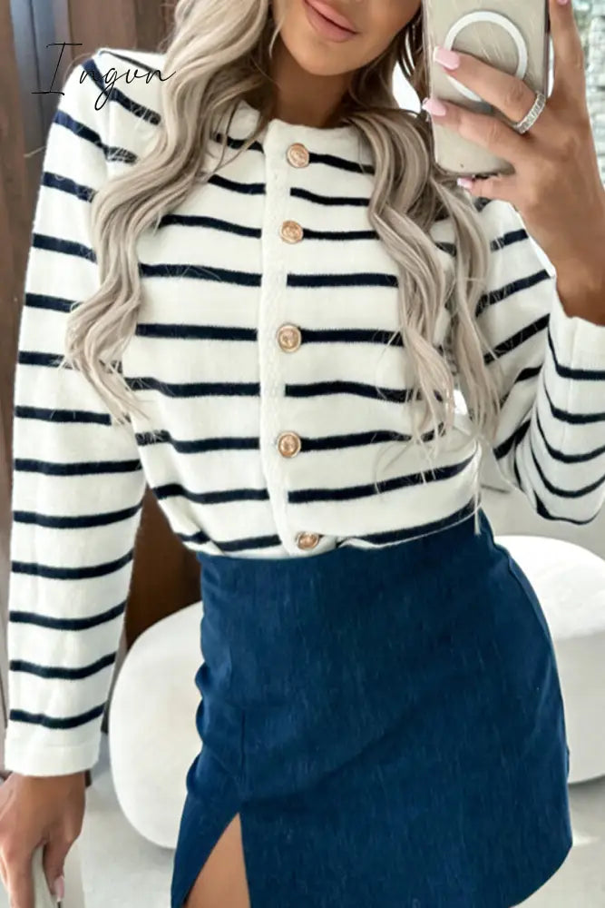 Ingvn - Elegant College Striped Buttons Contrast O Neck Outerwear