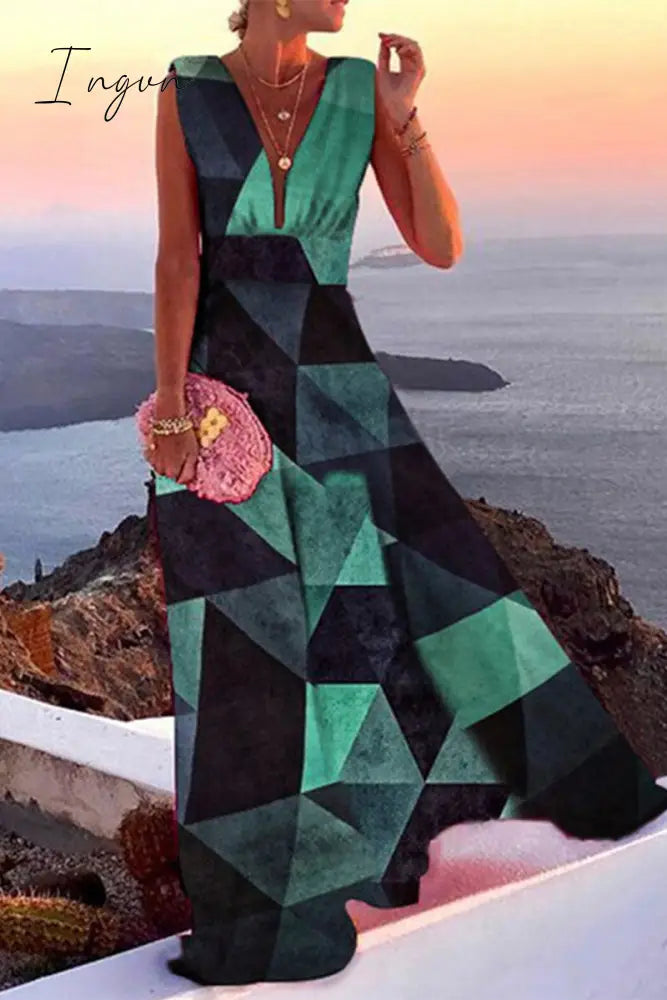 Ingvn - Casual Print Patchwork V Neck Cake Skirt Dresses(5 Colors)
