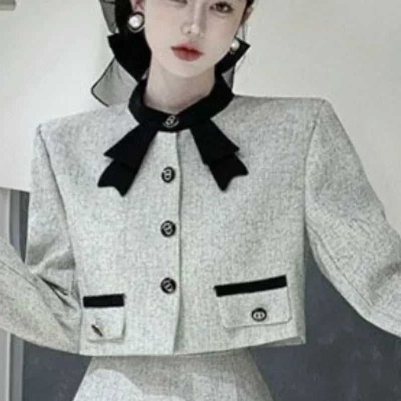 Autumn Vintage Elegant 2 Piece Dress Set Women Korean Fashion Casual Party Suits Female Chic Long Sleeve Tops +Solid Skirt