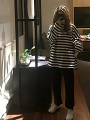 Vibrant Striped Print Relaxed Fit Crew Neck T-Shirt - Women's Casual Drop Shoulder Long Sleeve Tee for Spring & Fall - Soft, Breathable, and Stylish Clothing for Everyday Wear