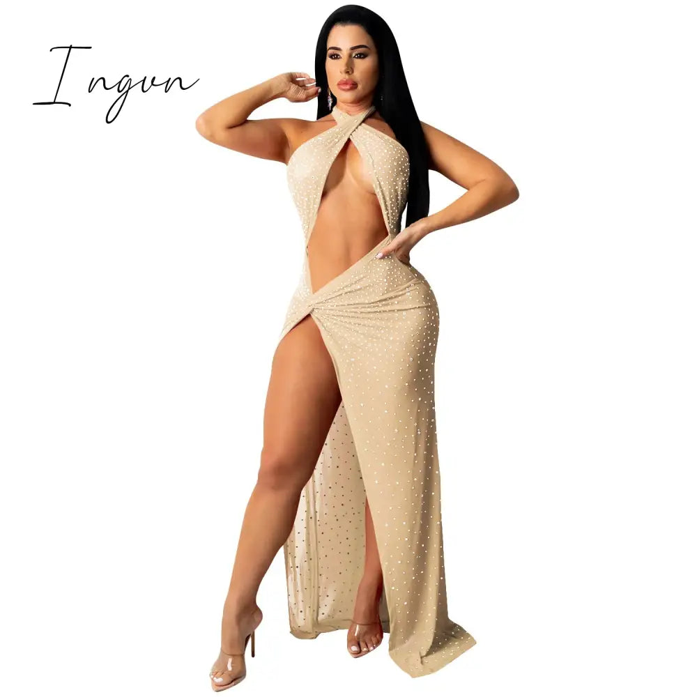 Ingvn - Sheer Mesh Diamonds Sequined Pearls High Split Long Dress For Women Straps Bodycon Long Vestidos Night Party Rhinestone Outfits