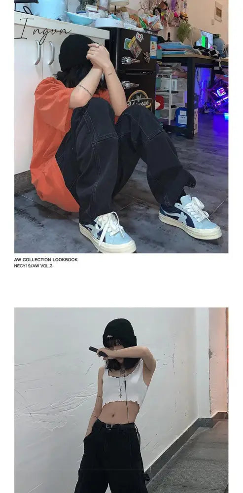 Ingvn - Retro Jeans Women Harajuku Vintage Black Street BF Style Chic College Teens Streetwear All-match Loose Fashion Femme Trousers