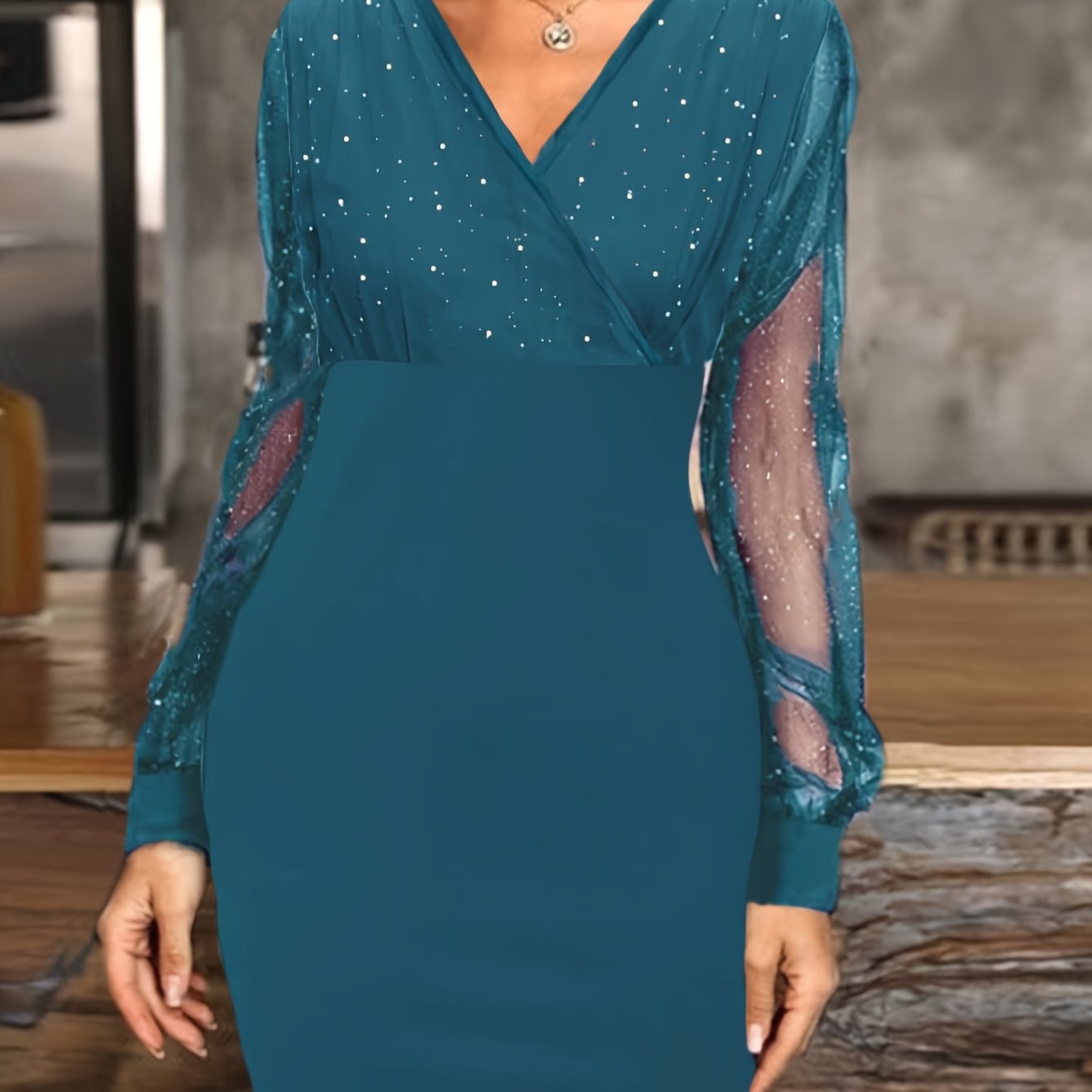 Solid Sequin Stitching Lace Long Sleeve Dress, Elegant Mesh Slim Sexy Party Dress, Women's Clothing