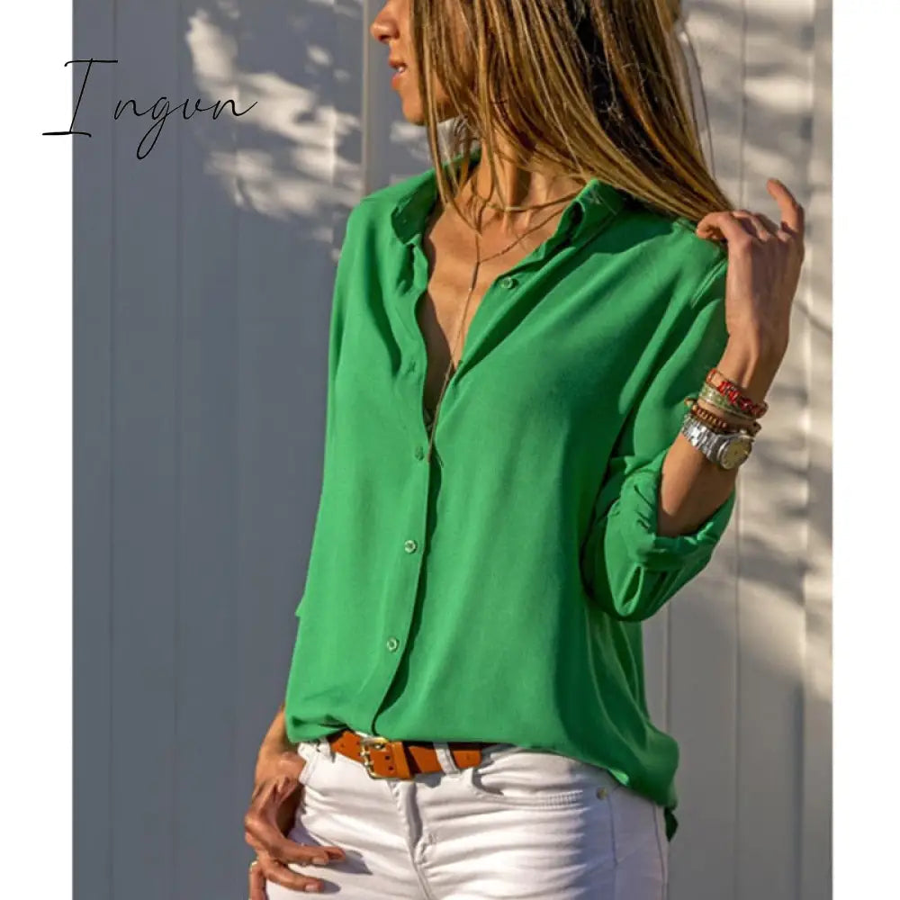 Ingvn - Elegant Long Sleeve Oversized Solid V-Neck Chiffon Blouse Summer Women Tops Female Office Shirts Casual Regular