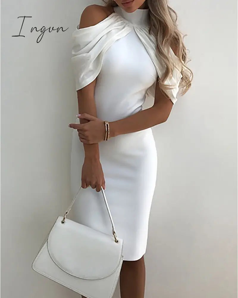 Ingvn - Elegant Off Shoulder Ruched High Neck Evening Party Dress Women Fashion Elegant Slim White Long Dress Vestidos