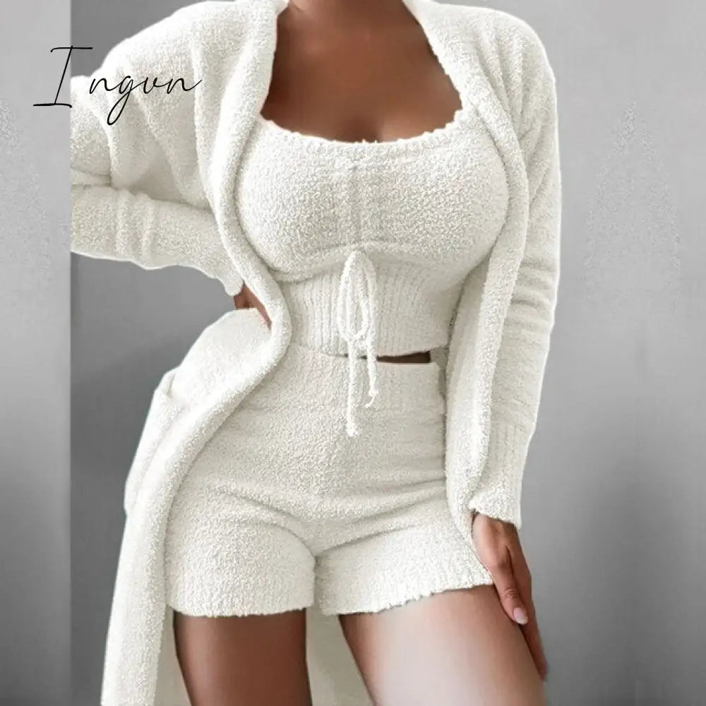 Ingvn - Women Elegant Fleece Soft 3 Piece Suit Fashion Square Collar Drawstring Tops+Long Cardigan Outfits Casual Pajamas Solid Set