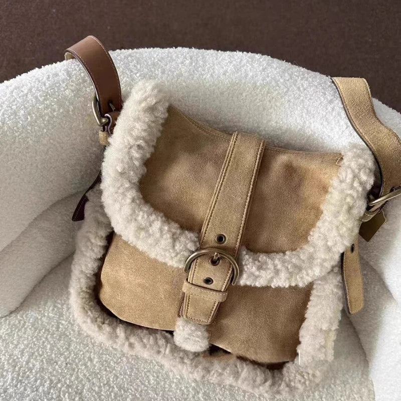 INGVN  Luxury Design Patchwork Fluffy Crossbody Bag Casual Women Vintage Trendy Handbags Streetwear Fashion Y2k Aesthetic Shoulder Bags
