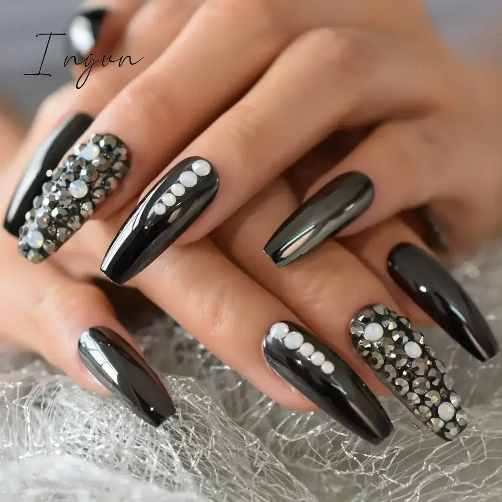 Extra Long Stiletto Press on False Nails Full Cover 3D Rhinestone Fake Nails Manicure Nail Art Tips Set for Wedding Party
