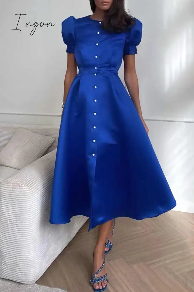 Ingvn - Elegant Solid Buckle O Neck A Line Short Sleeve Dress(5 Colors)