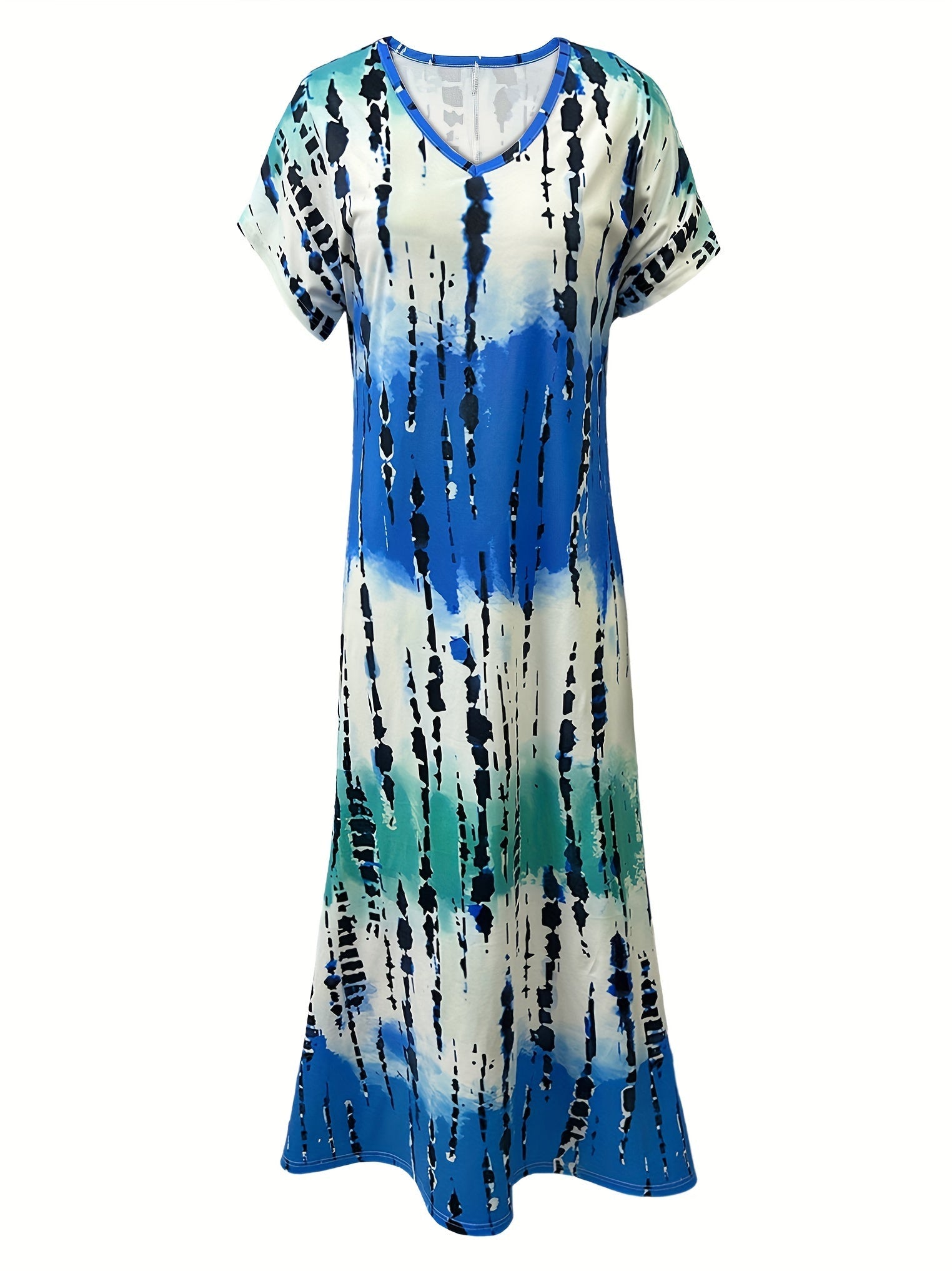 Tie Dye V-neck Dress, Elegant Split Short Sleeve Dress For Spring & Summer, Women's Clothing