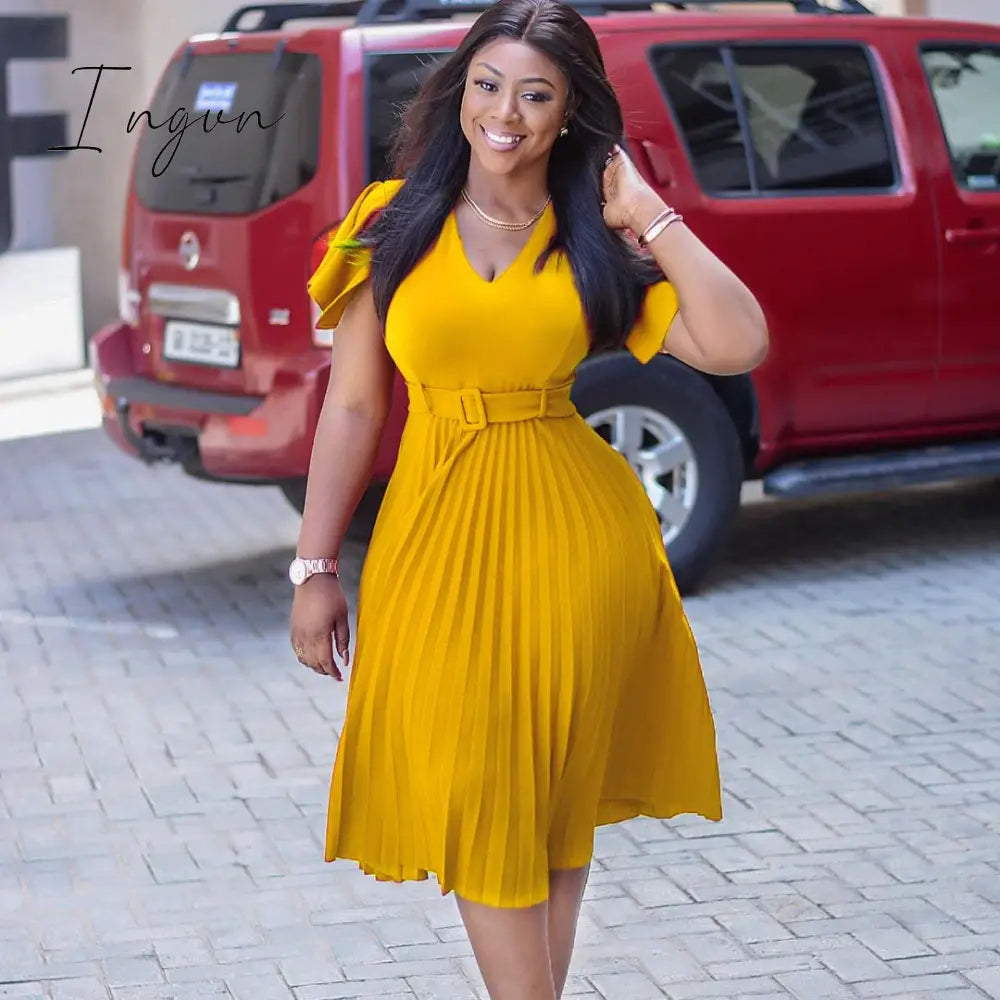Ingvn - Women Pleated Dresses High Waist Short Sleeves A Line Modest African Office Ladies Work Wear Date Elegant Classy Robes Vestidos