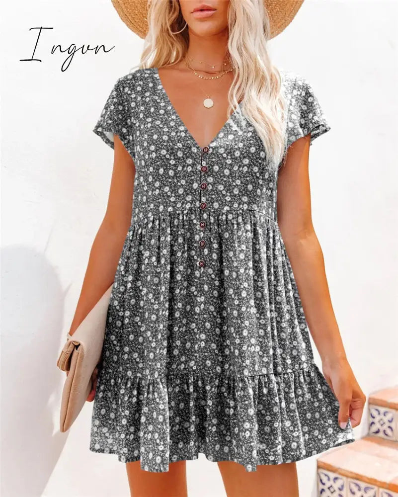 Ingvn - Spring summer v-neck floral short-sleeved dress