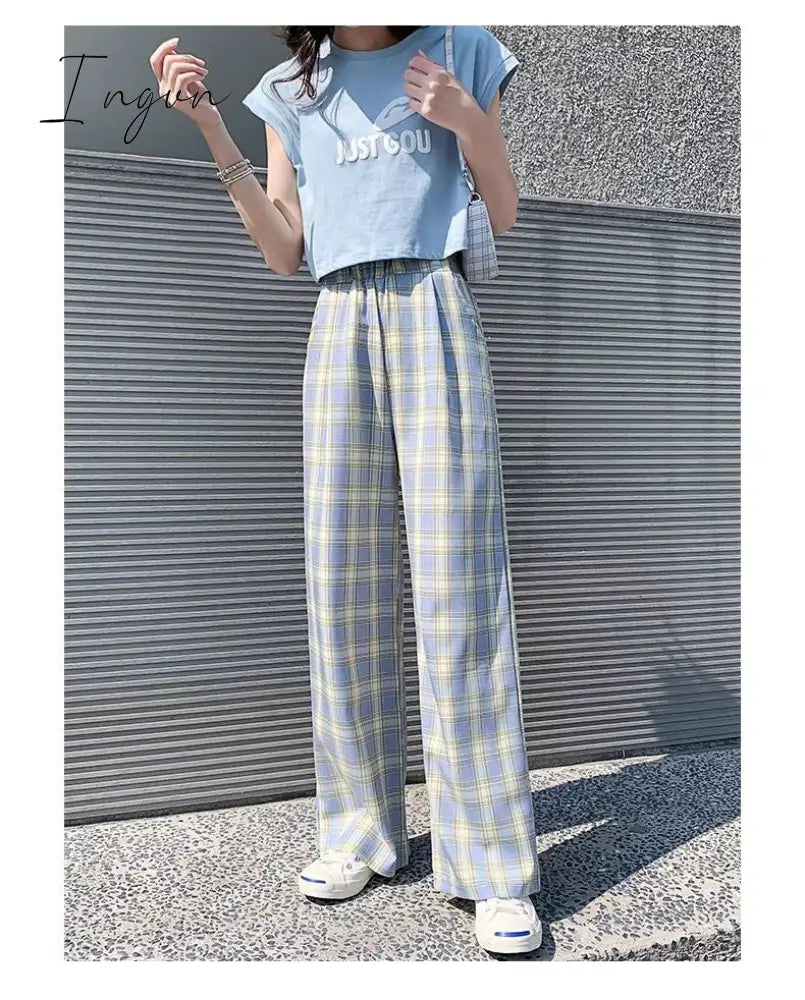 Ingvn - Vintage Plaid Pants Women High Waist Plus Size Wide Leg Casual Female Trousers Summer Joggers Clothes Streetwear Girl Pants