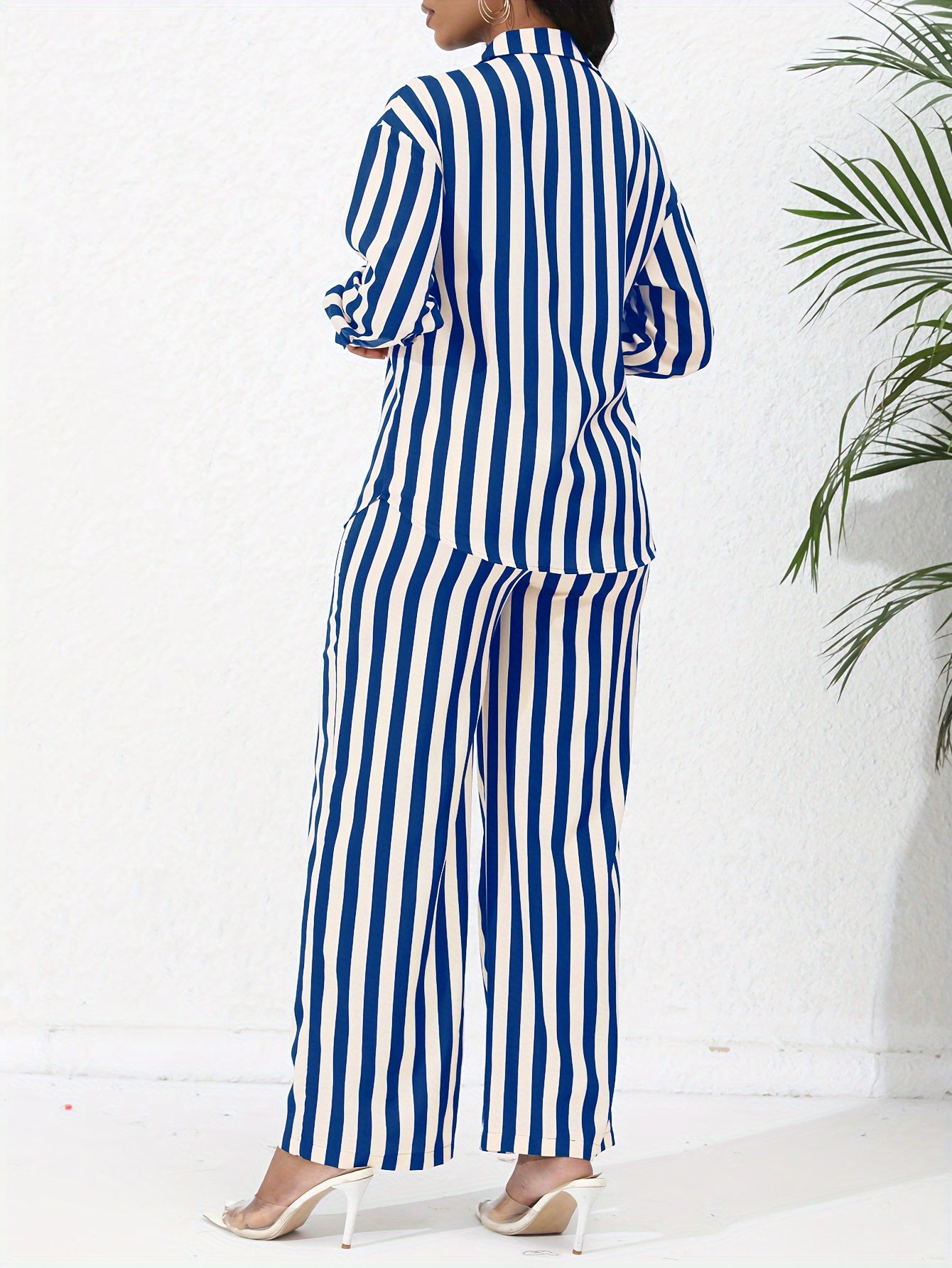 Chic Striped Print Two-Piece Outfit Set - Comfortable Button-Down Shirt & Flowy Wide Leg Pants - Casual Everyday Wear for Women