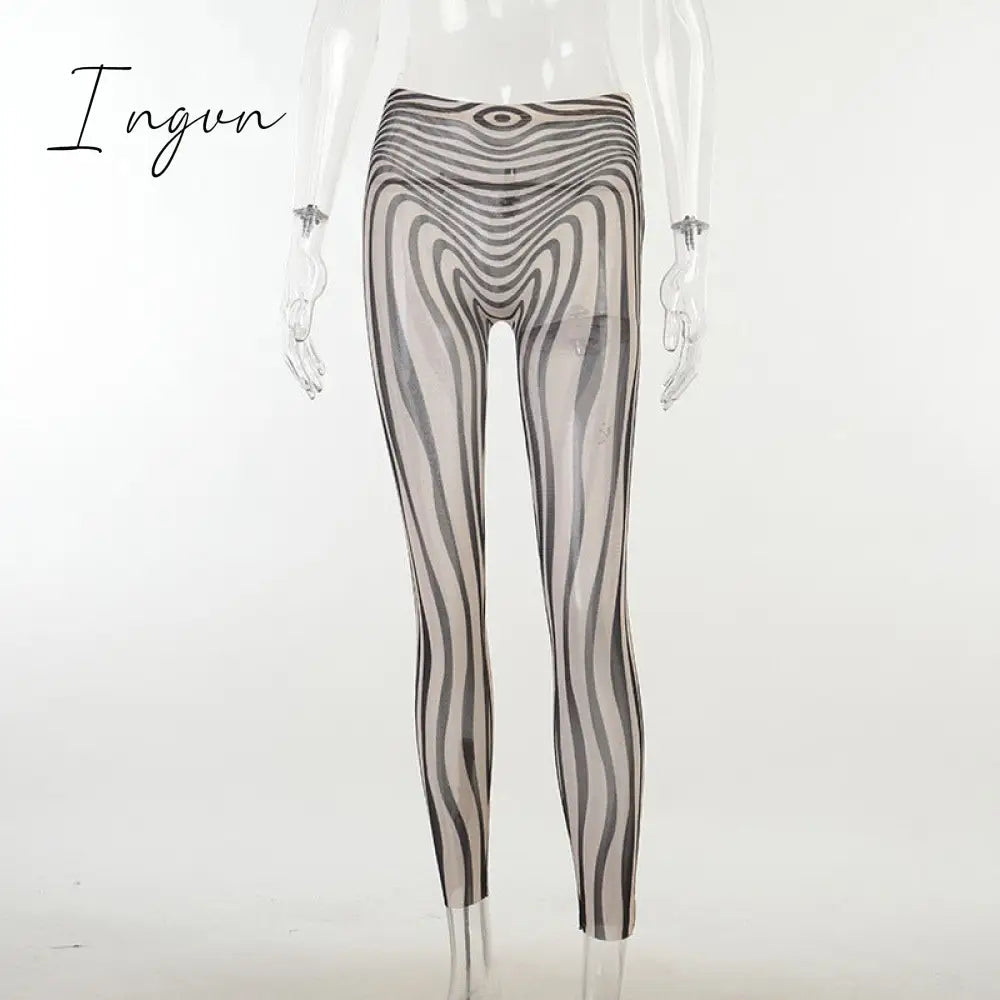 Ingvn - Autumn Mesh Zebra Striped Sets Women 2 Piece Suit T-shirt + Long Pants See-through Sexy Co-ord Set Female Tracksuit Costume