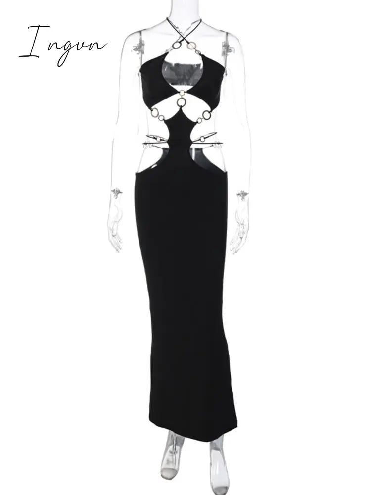 Ingvn - Strapless Metal Ring Cut Out Maxi Dress Women Black Halter Low Cut Backless Hollow Out Bodycon Sexy Party Long Dress