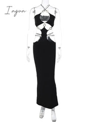 Ingvn - Strapless Metal Ring Cut Out Maxi Dress Women Black Halter Low Cut Backless Hollow Out Bodycon Sexy Party Long Dress