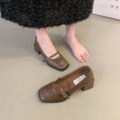 Vintage thick heel evening shoes French single-layer shoes women's shoes new spring and autumn black Mary Jane small leather shoes