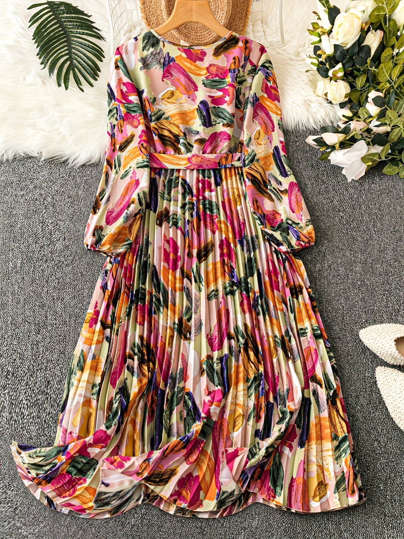 Vibrant Floral Print Belted Pleated Aline Dress - Elegant Long Sleeve V-Neck Design, Flowy Silhouette, Comfortable Wear for Spring & Fall, Women's Clothing for Various Occasions