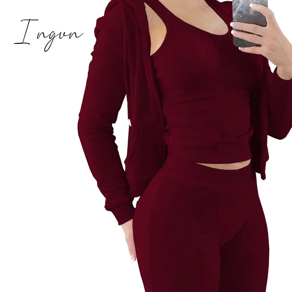 Ingvn - Double Face Fleece Three Piece Set Woman Long Sleeve Vest Hooded Drawstring Sweatpants Winter Sports Jogger Outfits