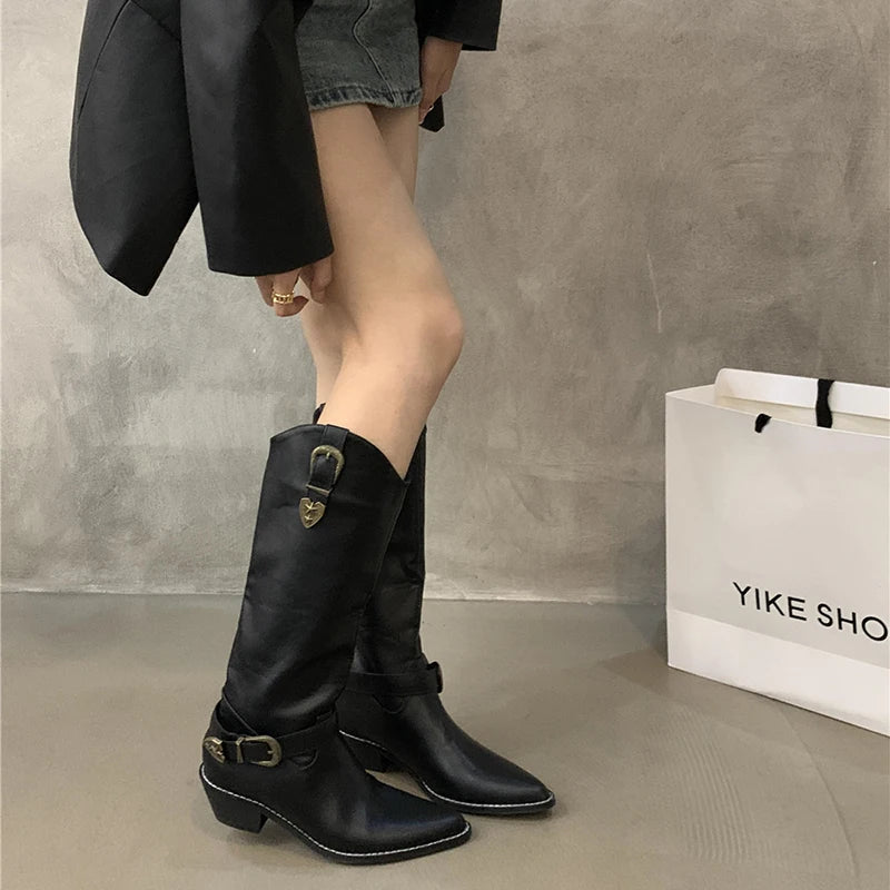 Ingvn  Vintage Pointed Toe Women Western Cowgirl Boots Fashion Elegant Belt Buckle Shoes Square Heels Ladies Knight Long Shoes