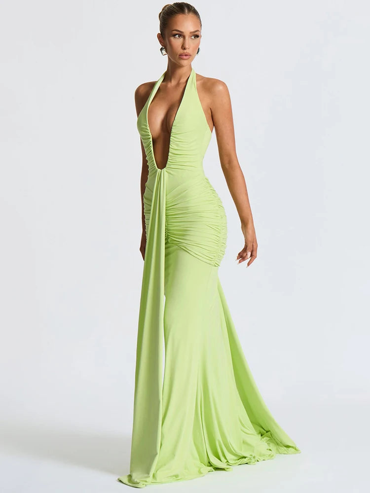 Deep V Neck Backless Ruched Sexy Maxi Dress Women Gown Summer Halter Sleeveless Draped Club Party Long Dress