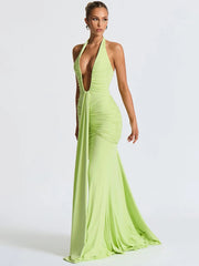 Deep V Neck Backless Ruched Sexy Maxi Dress Women Gown Summer Halter Sleeveless Draped Club Party Long Dress