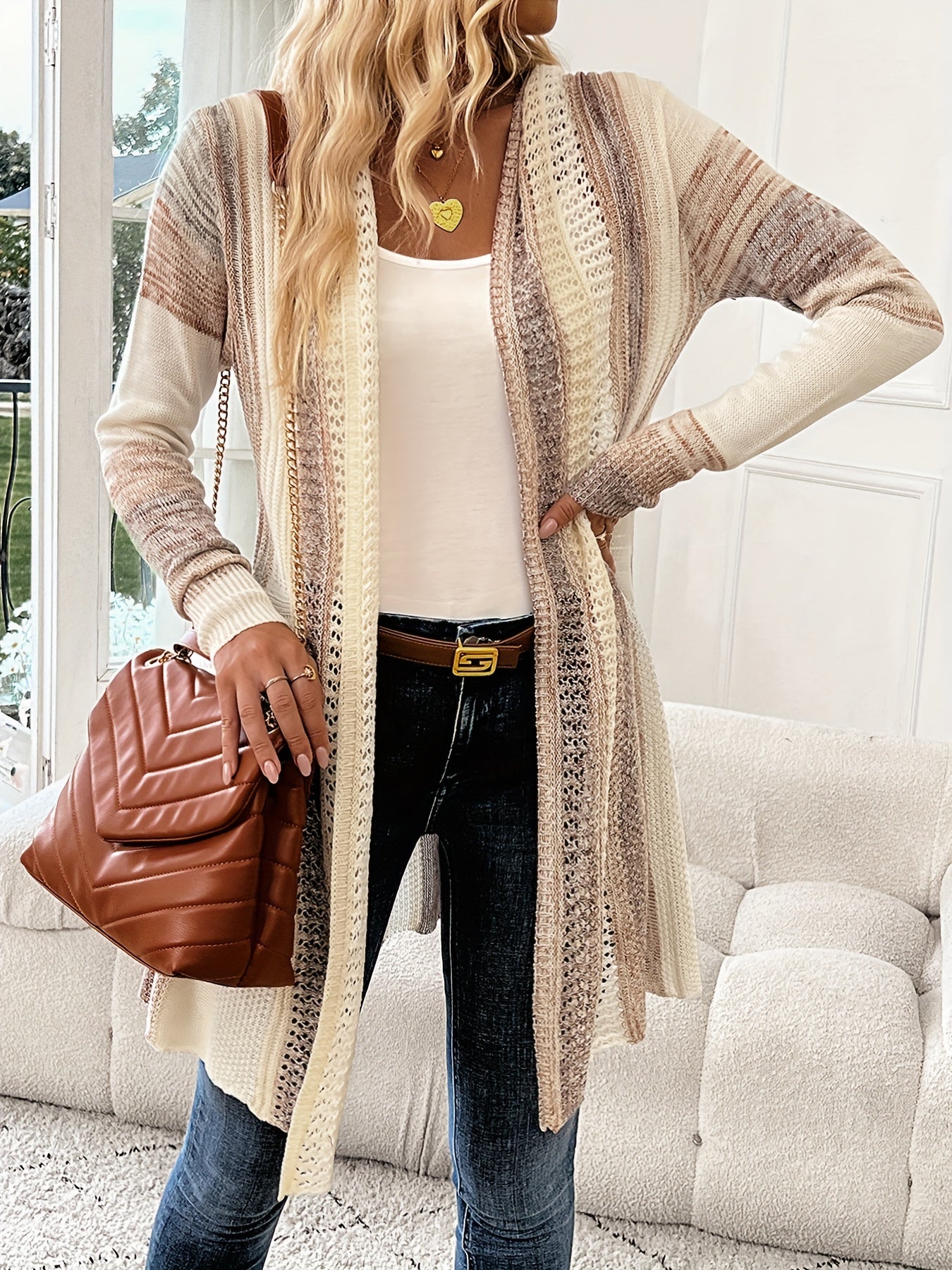Long Sleeve Color Block Open Front Knitted Cardigan for Spring & Fall, Casual Women's Clothing