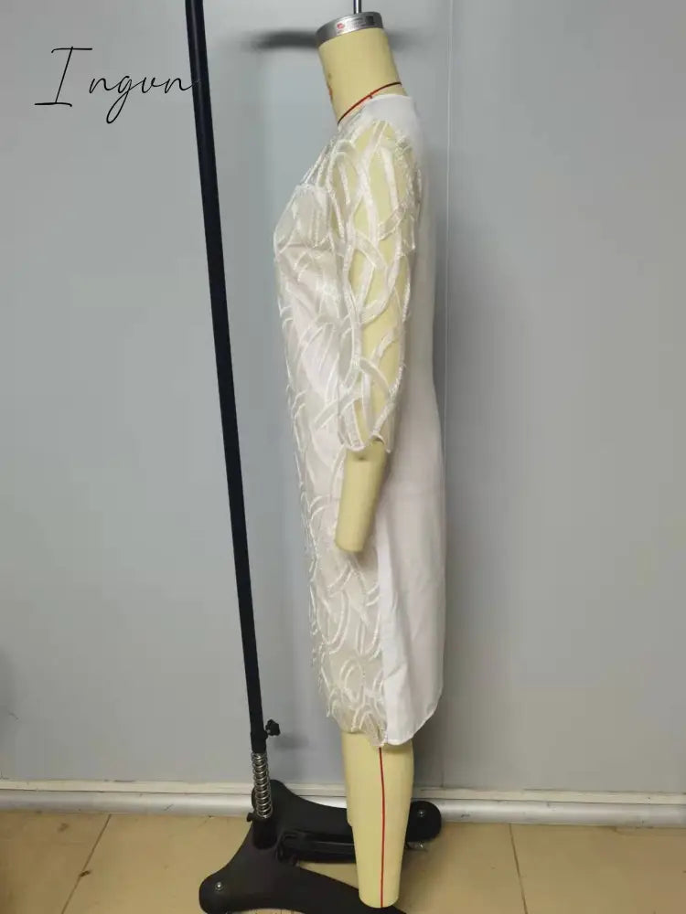 Ingvn - Fashion Trends Embroidered Dress Half Sleeve Casual Dress Sexy See-through Patchwork Lace Party Dress Women Fashion O Neck Loose Pullover Dress