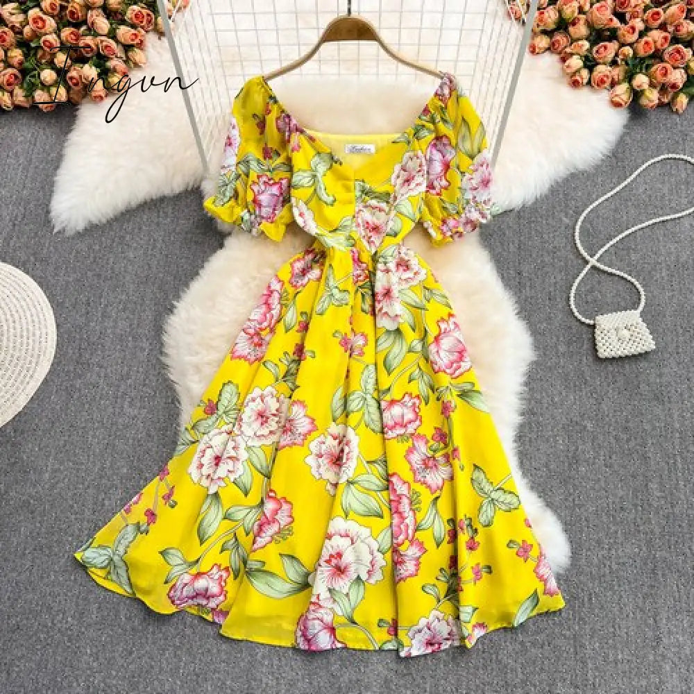Ingvn - Summer Outfits Ladies French Retro V-neck Floral Women Dress Elegant Draped Flowers Short Puff Sleeves Slim Fairy Mid-calf A-line Dress