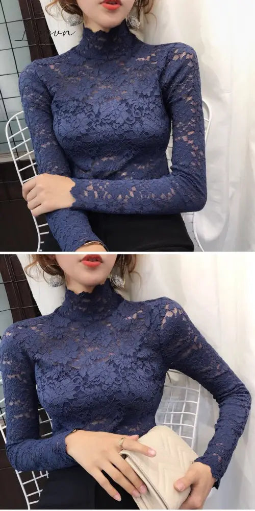 Ingvn - gifts for women Plus Size Women Lace Blouses Shirts Sexy Hollow Out Long Sleeve Solid Blouse Lady Elegant Floral Embroidery Elastic Shirt Tops