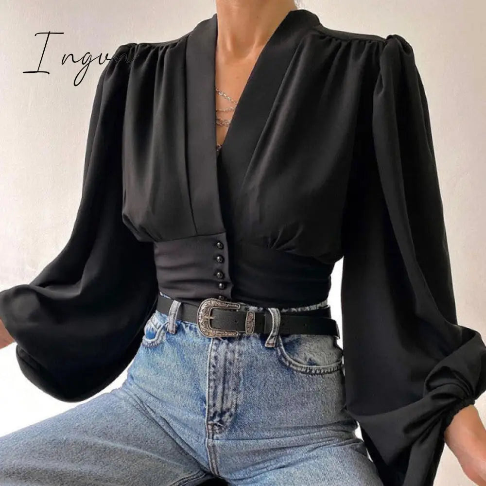 Ingvn - Spring Fashion Women Shirt Lantern Long Sleeves Casual Solid Color Printed Slim Buttons V Neck Blouse Commute High Street Shirts