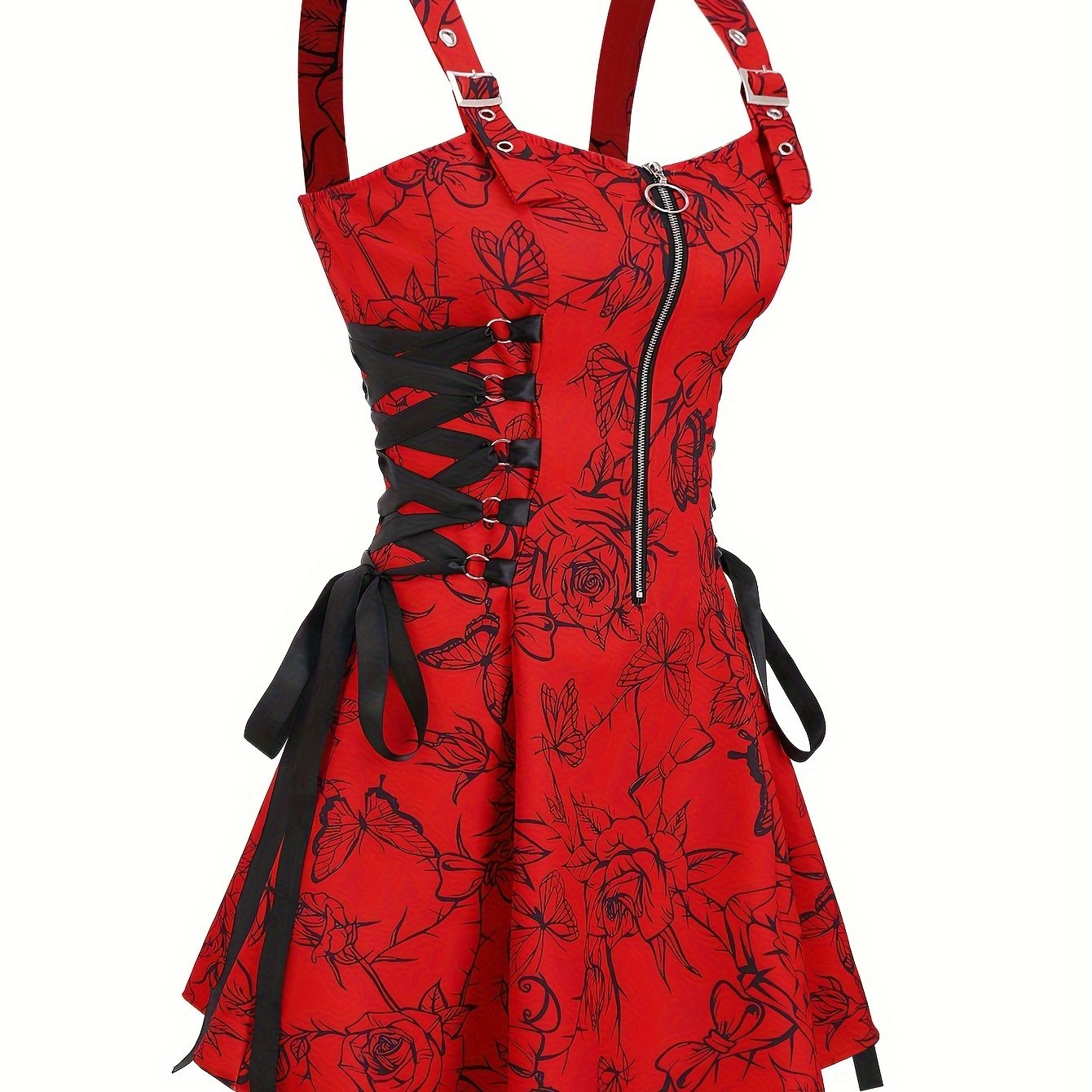 Rose Print Chic Suspender Dress for Women - Off-Shoulder, Non-Stretch Polyester, Machine Washable, Casual, Zip-Up, Comfortable, Versatile, and Easy Care