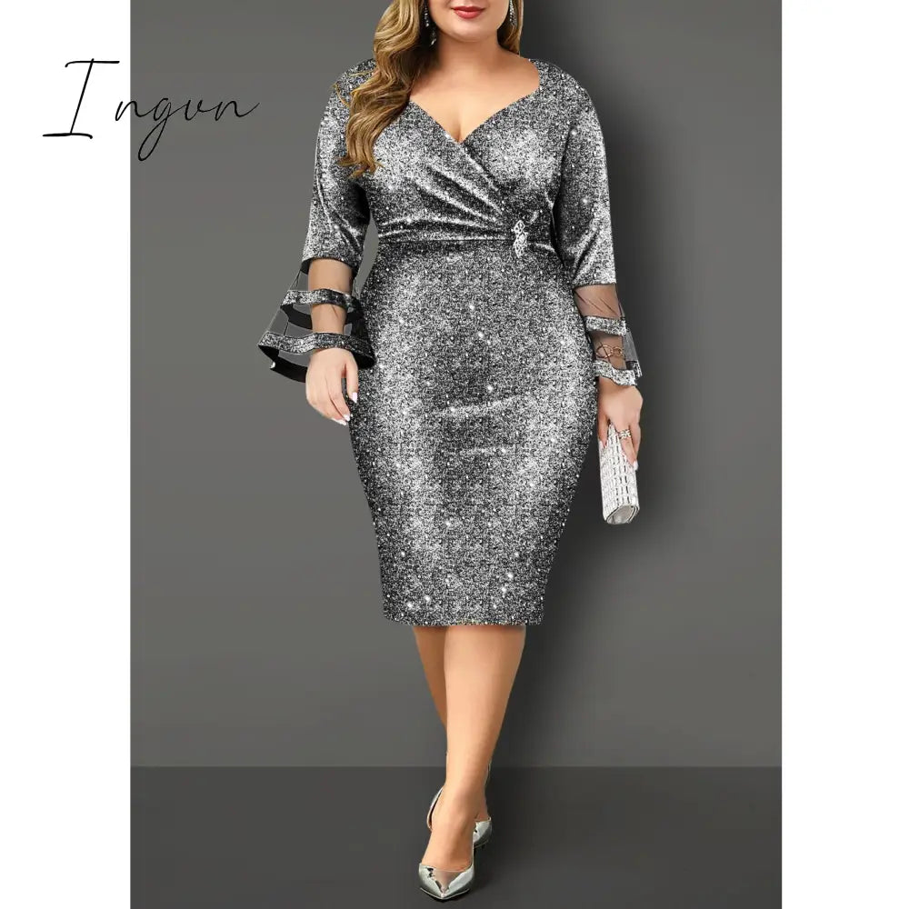 Ingvn - Plus Size Women Dresses Autumn Elegant Bright Silk Wedding Evening Birthday Party Dress V Neck Mesh Sleeve Club Outfits 8XL
