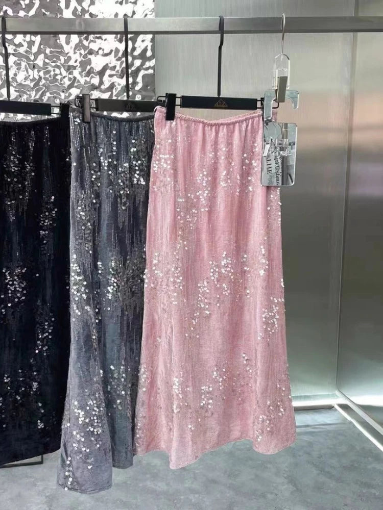 French Velvet Fishtail Skirt Sequin Beaded Embroidery Skirt Elastic Waist A Line High Waist Skirts for Woman Faldas Para Mujeres
