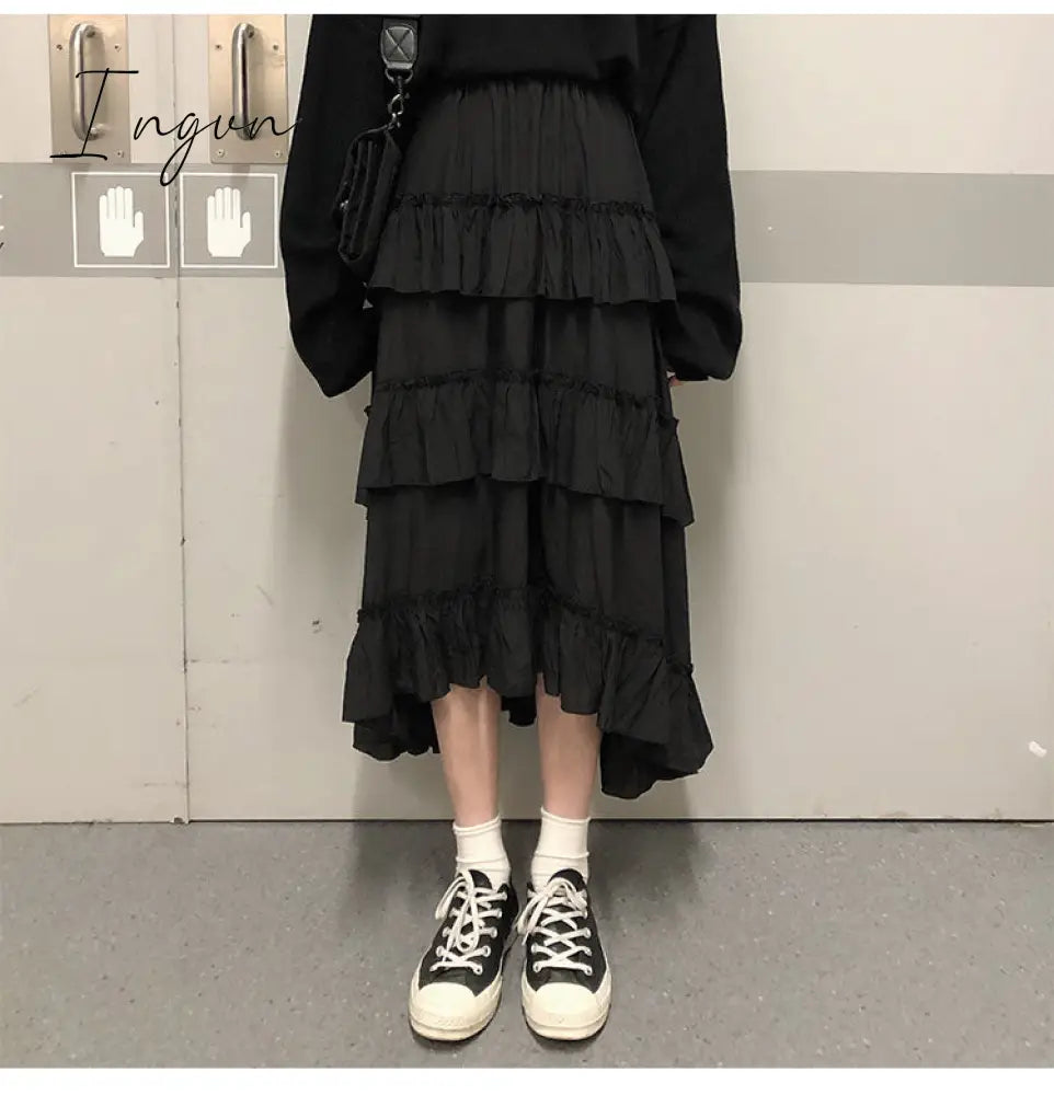 Ingvn - Midi Long Skirts Womens Maxi Skirt Goth Lolita Summer High Waisted Asymmetrical High Low Ruched Ruffle Skirts rok