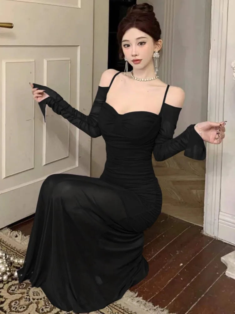 Sexy Spaghetti Straps Mermaid Dresses Elegant Long Sleeve Off Shoulder Pleated Bodycon Vestidos Vintage Party Dress Long Robe