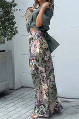 Ingvn - Casual Print Fold V Neck Half Sleeve Two Pieces