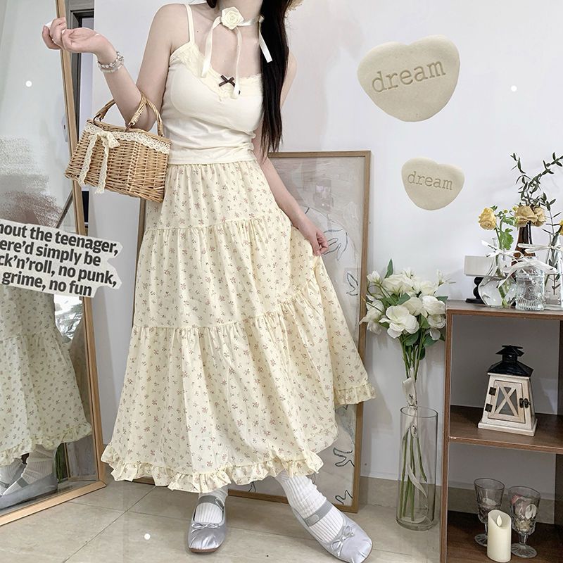 Pphmm 90s fashion Young-Looking Wooden Ear Small Fresh Floral Skirt Women's Japanese Soft Girl Niche Super Sweet Stitching Cake Dress