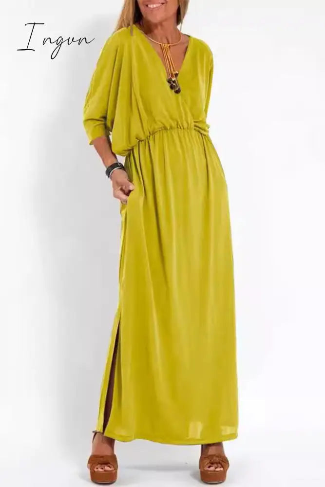 Ingvn - Casual Simplicity Solid Pocket Slit V Neck A Line Dresses