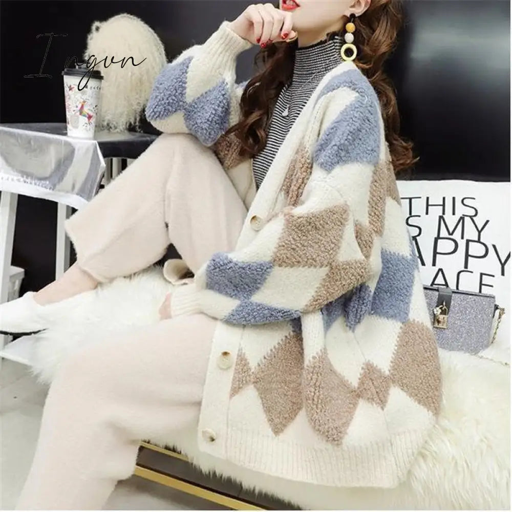 Ingvn - Womens Fashion Spring Winter Women's Plaid Plus Velvet Warm Knitted Sweaters Cardigans Long Sleeve Checkered Coat Oversize Sweater Jackets