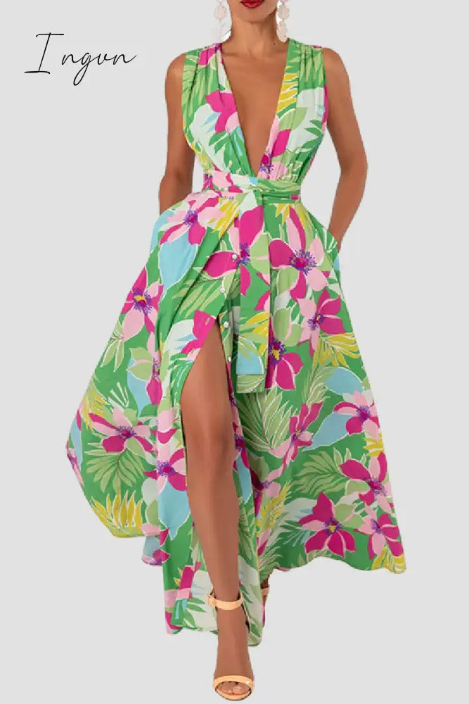 Ingvn - Casual Print Patchwork Slit V Neck Long Dress Dresses